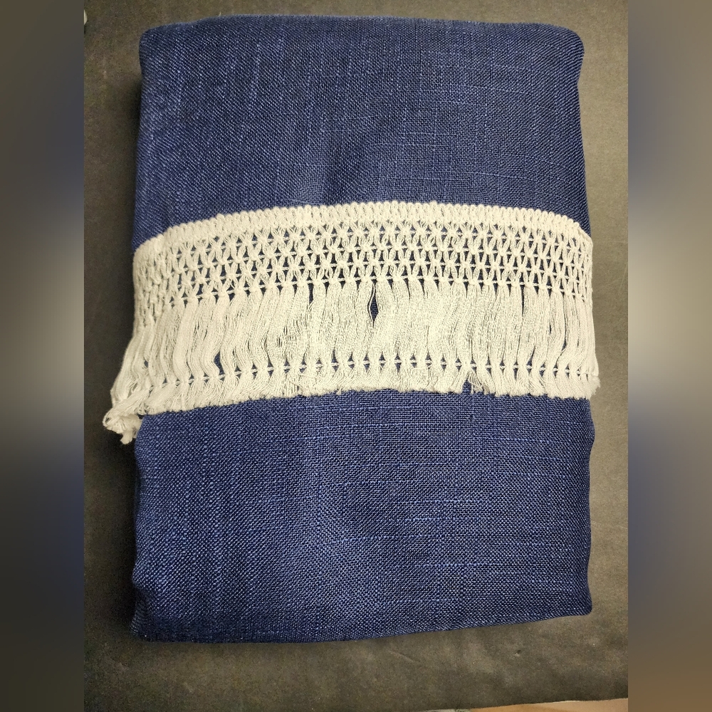 RYB Curtains‎ 52x84 Linen Blue Textured Trim Semi Sheer Attached Valance New 653
